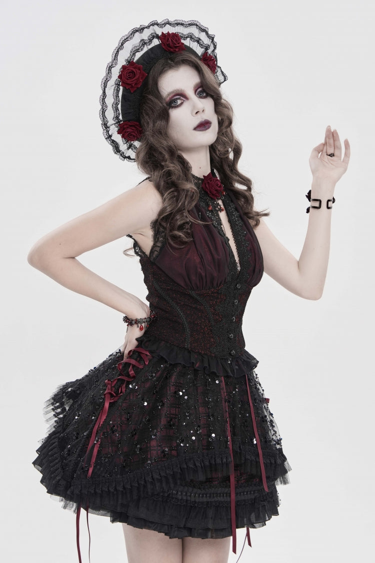 Crimson & Noir Off-Shoulder Double-Layer Embroidered Lace-Up Fitted Gothic Corset Vest