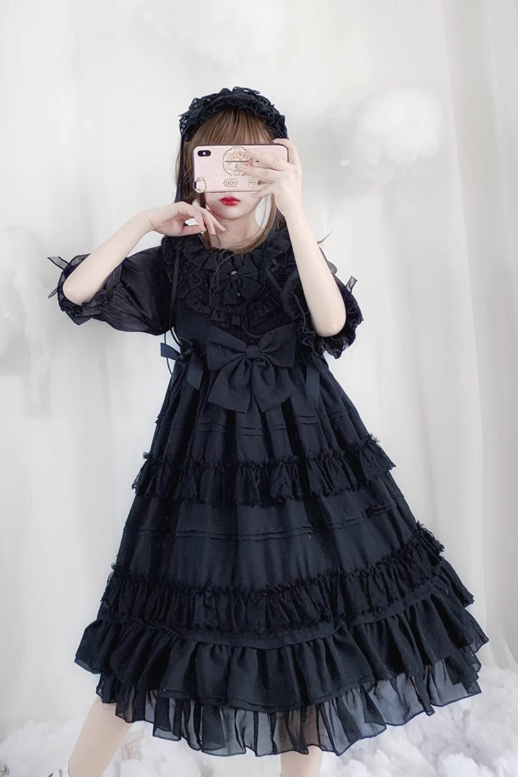 Gothic Lolita Dress with Short Sleeves Bowknot and Ruffle Trim