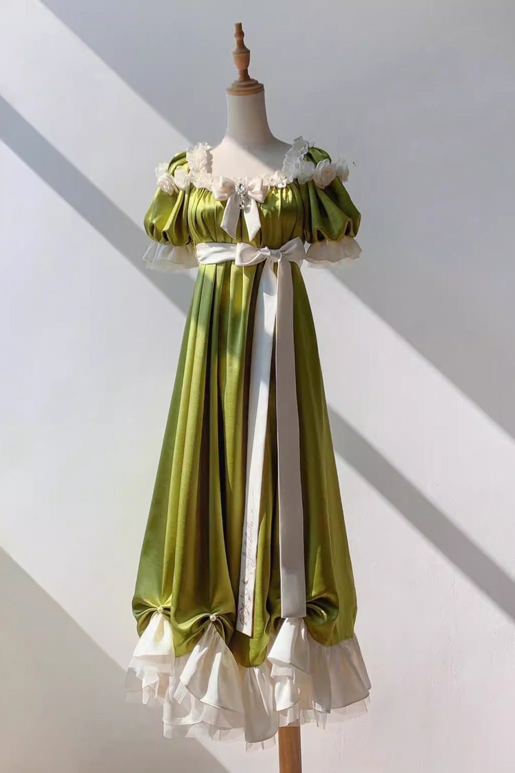 Emerald Square Neck Short Sleeve Ruffle Bow Sweet Regency Vintage Lolita Dress