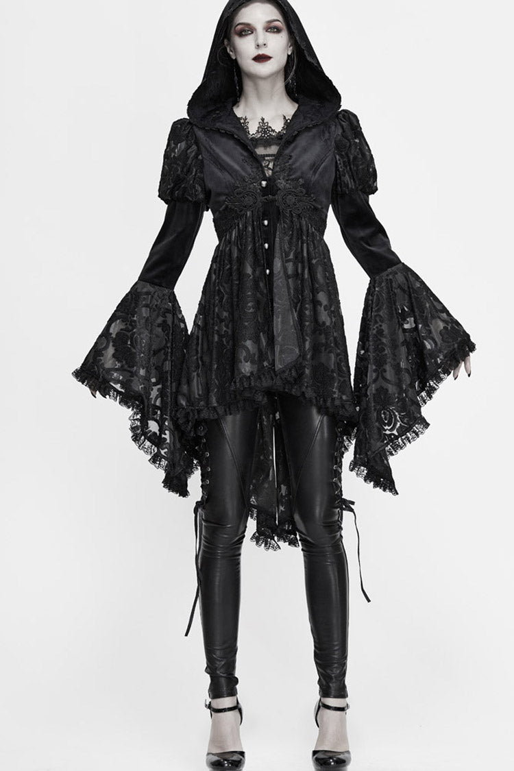 Gothic Velvet Hooded Coat with Metal Buttons, Lace Cuffs & Chest Decals