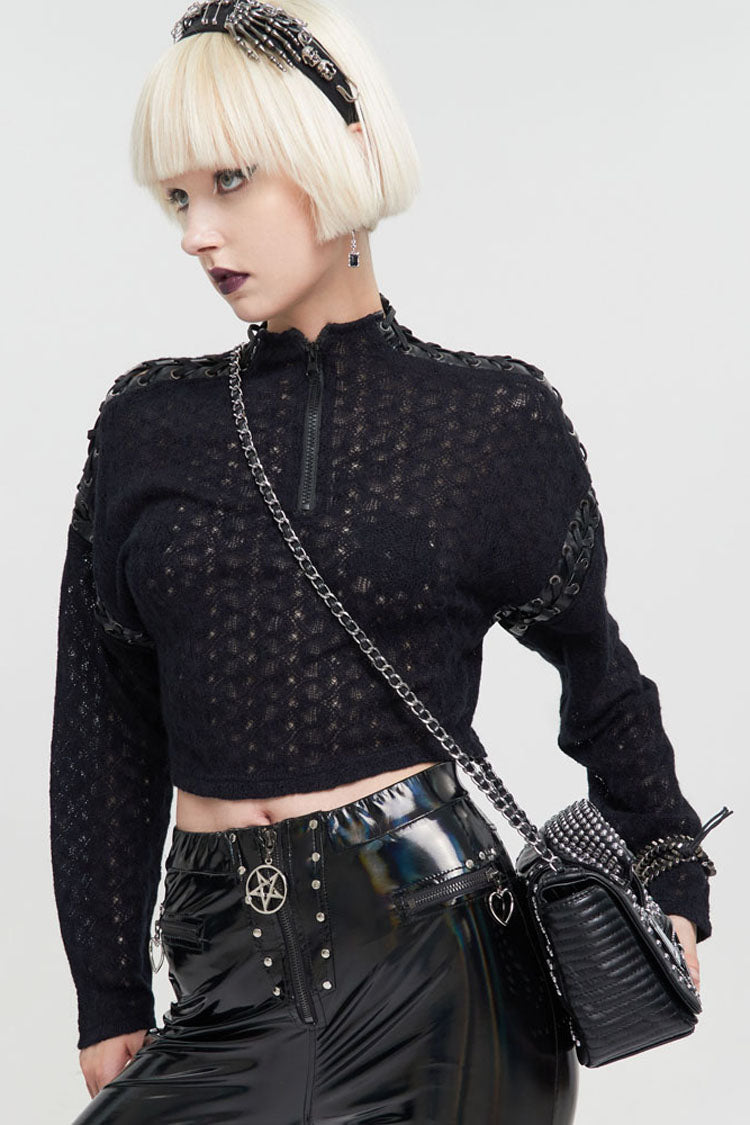 Loose Long-Sleeve Punk Sweater with Perforated Sleeves - Noir