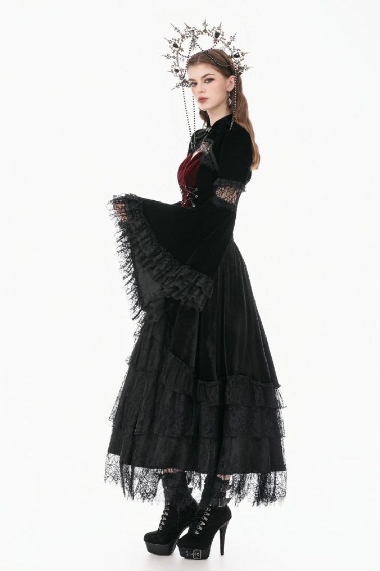 Gothic Shrug with Keyhole Mandarin Collar, Velvet Lace Splice & Flare Sleeves