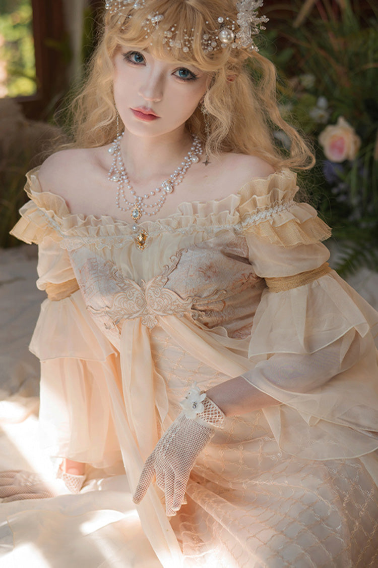Bathing in the Light Short Sleeves Dress, Ruffle Embroidery Lace Sweet Elegant