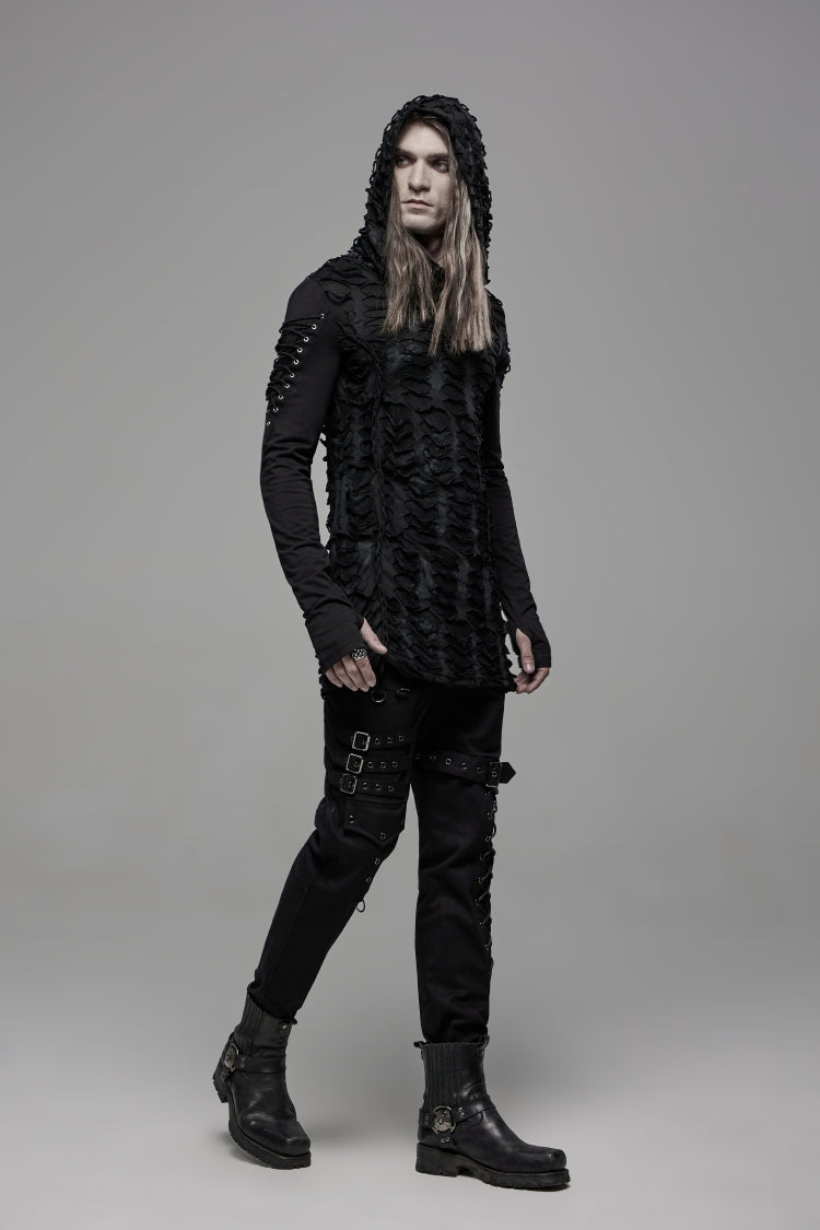 Gothic Cool Tee for Men with Lace-Up, Hood, Rips, and Pleats, Extended Sleeves