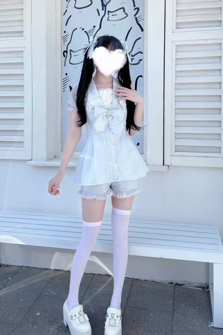 Sweet Jirai Kei Dress Set with Aqua Short Sleeves, Ruffle Bowknot, Lace