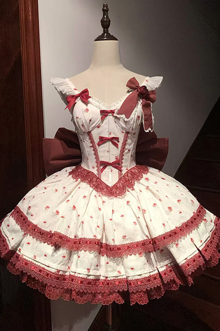 Burgundy First Love Rose Layered Print Ruffle Bow Lace Sweet Lolita JSK Dress Set