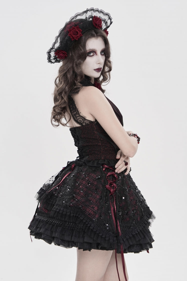 Crimson & Noir Multi-Layer Lace-Up Gothic Skirt