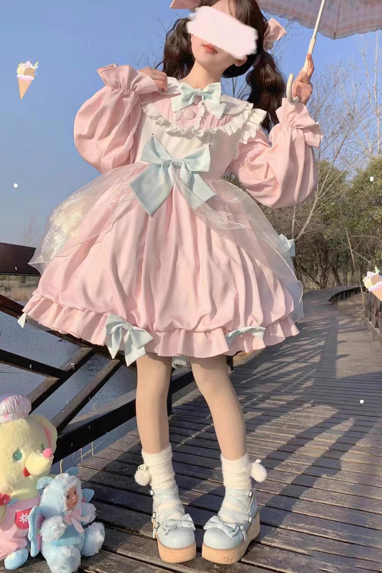 Sweet Lolita Dress with Bear, Long Sleeves, High Waisted Ruffle Bowknot in 3 Colors