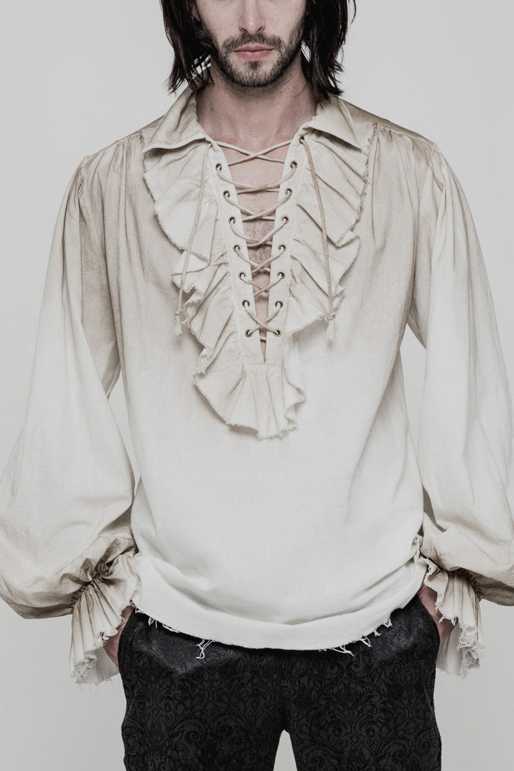 Steampunk Men's Long Sleeve Blouse with Ruched Lace-Up Details - Dual Shades