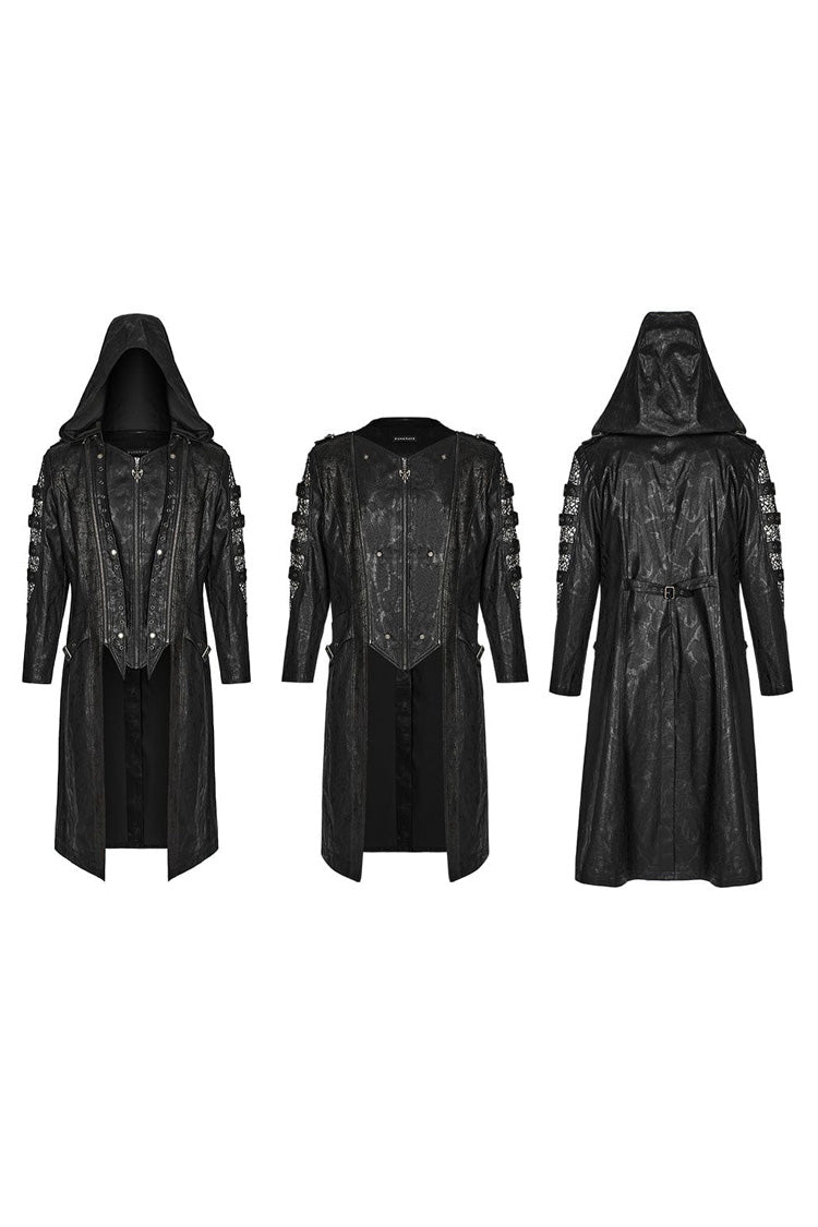 Men's Steampunk Coat with Crackled Mesh, Hollow Stitching and Hood