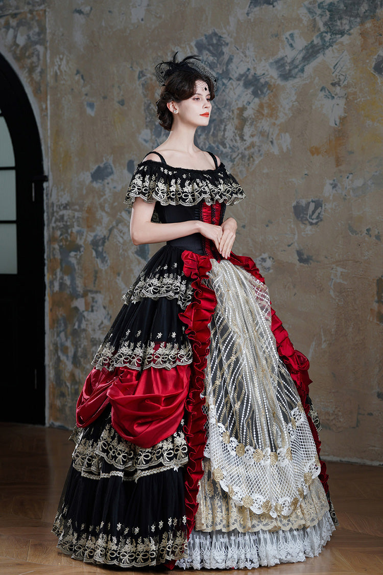 Crimson & Noir Off-Shoulder Short Sleeve Ruffled Mesh Victorian Lolita Palace Dress