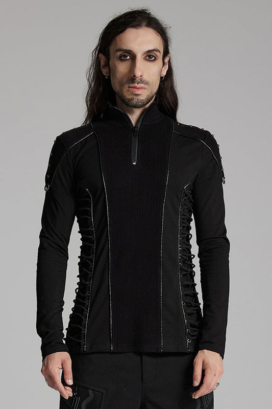 Punk Top with Rivets and Zipper, Drawstring Long-Sleeve Men's Shirt