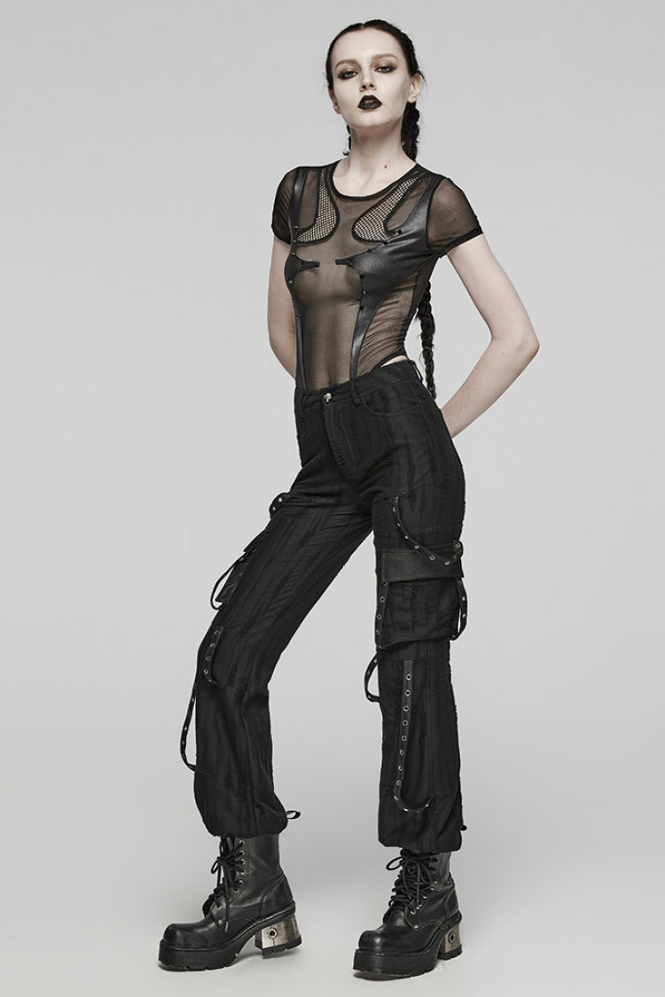 Sheer Mesh Punk Bodysuit for Women