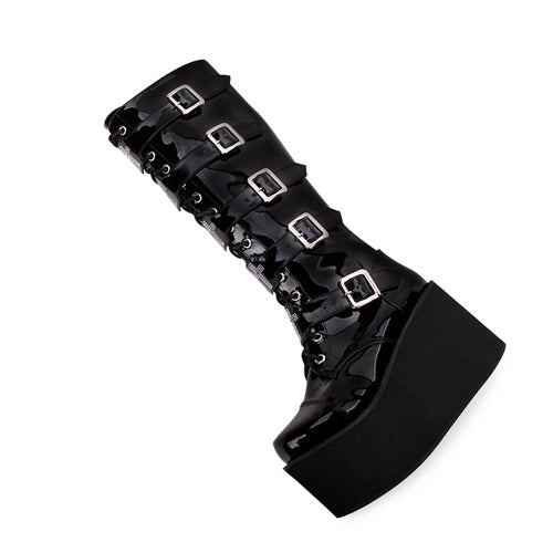 Long Gothic Lolita Boots in Patent Leather with Cross and Lace-Up Detail