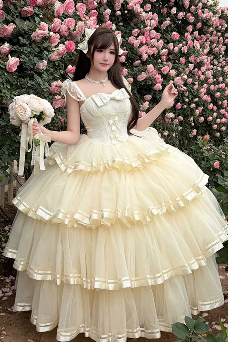 Sweet Organza Satin Sleeveless Multi-Layered Ruffled Hanayome Bow Lace Sweet Elegant Princess Lolita Jsk Dress