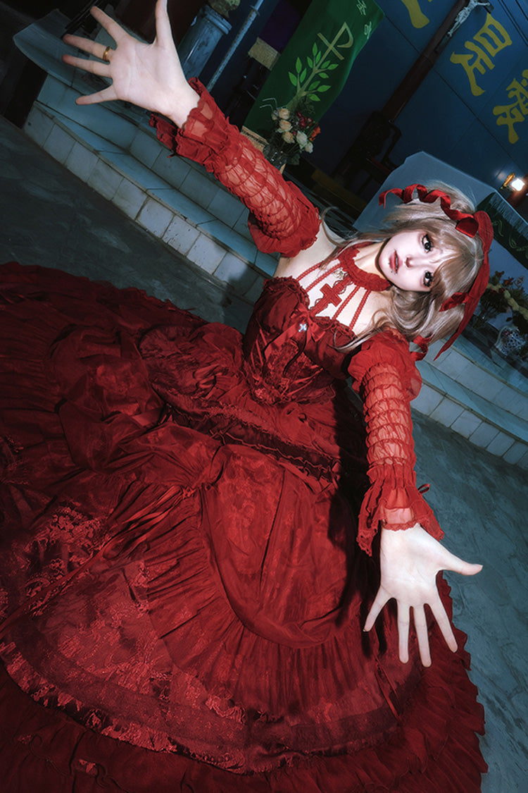 Burgundy Cross-Strap Bow Lace Princess Gothic Lolita Gown