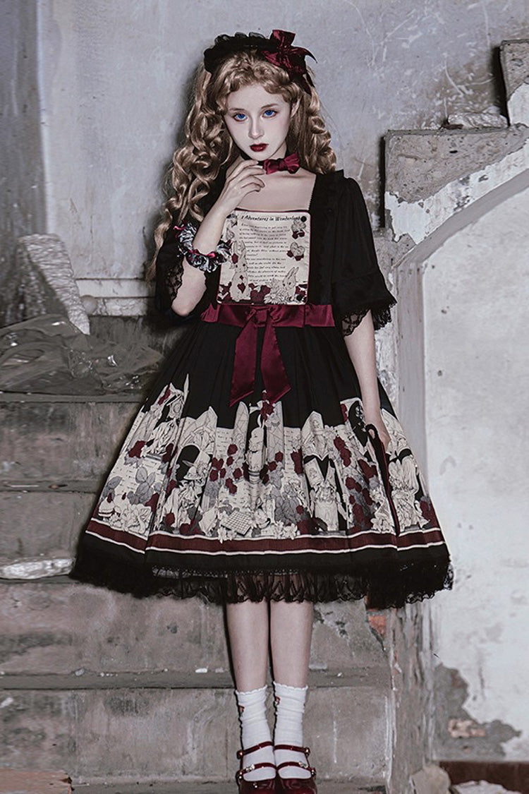 Print Bow Lace Gothic Dress - Alice of the Asylum