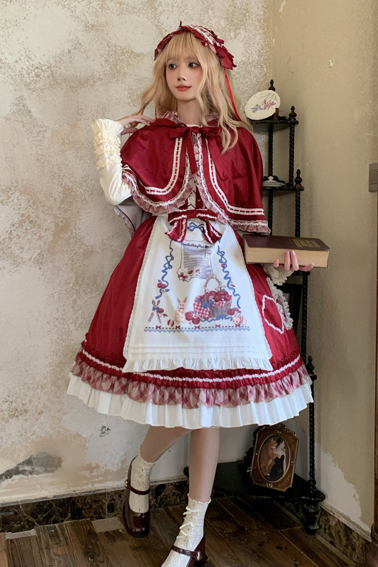 Burgundy Little Red Riding Hood Ruffle Bow Sweet Lolita Jumper Dress