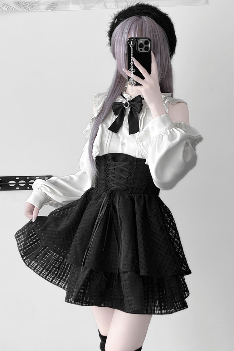 Noir Lace Bowknot Lace-Up Jirai Kei Skirt - Blackberry Rite
