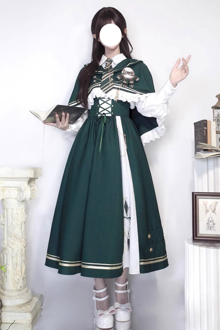 Emerald Time Traveler Print College Style Sweet Lolita Strap Gown 4 Piece Set