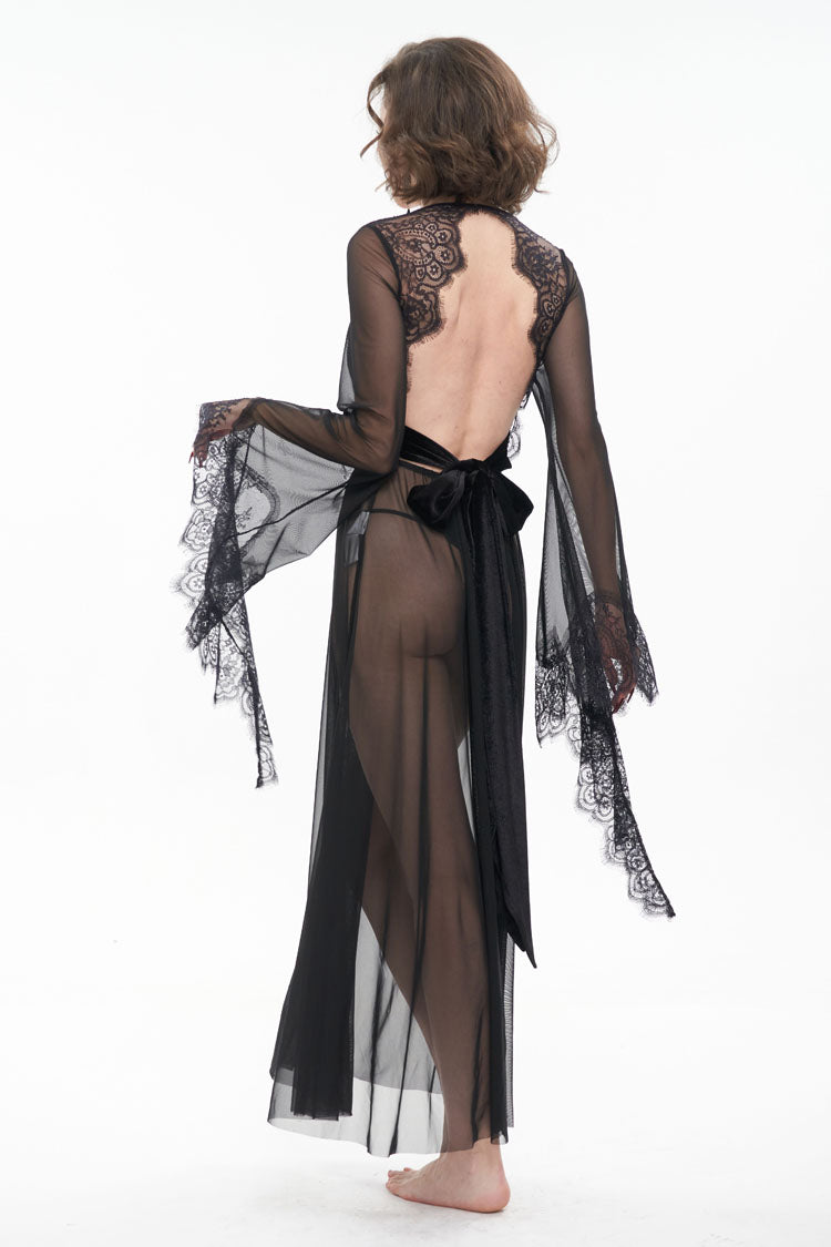 Sheer Backless Lace Bell-Sleeve Goth Gown