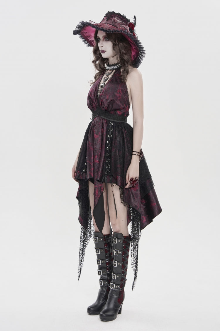 Crimson & Noir Strapless Layered Lace Tassel Gothic Dress with Print