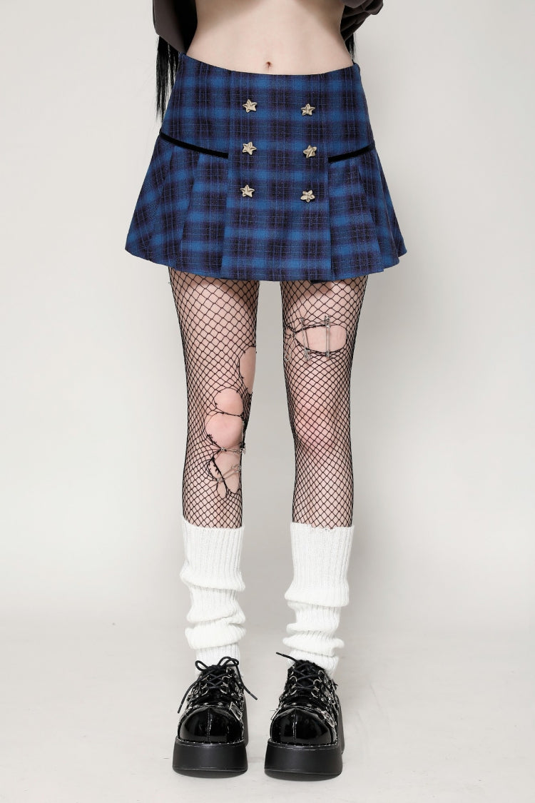 Vintage College Style Stars Plaid Pleated Mini Skirt