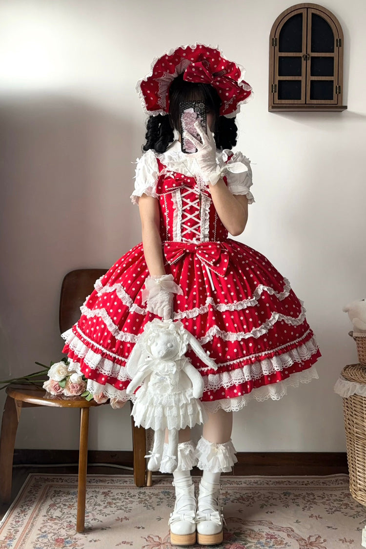 Ruby Polka Dot Ruffle Dress with Corset Lacing