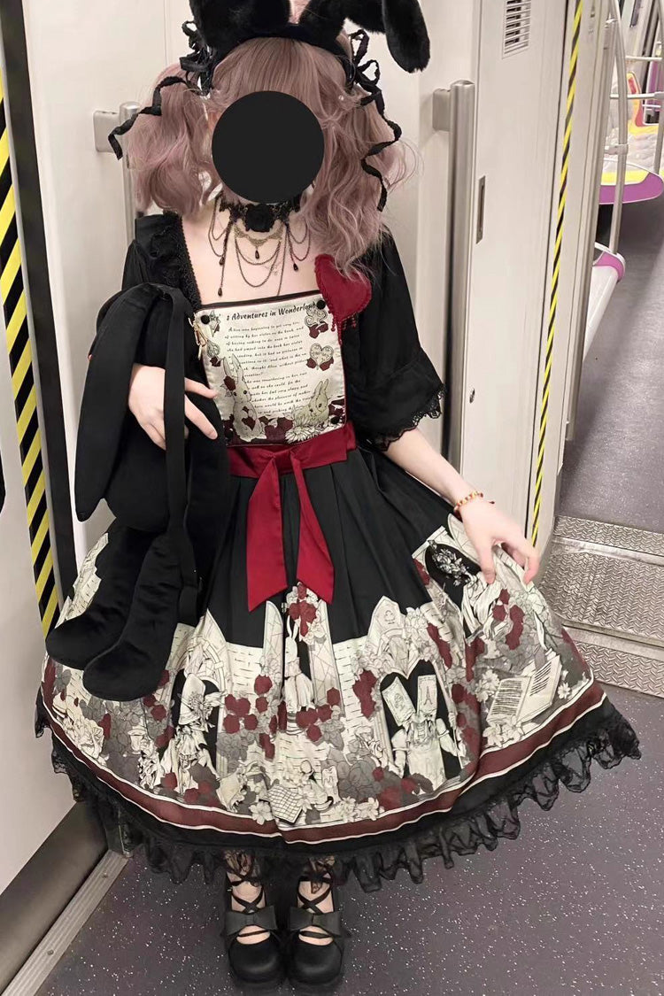 Print Bow Lace Gothic Dress - Alice of the Asylum