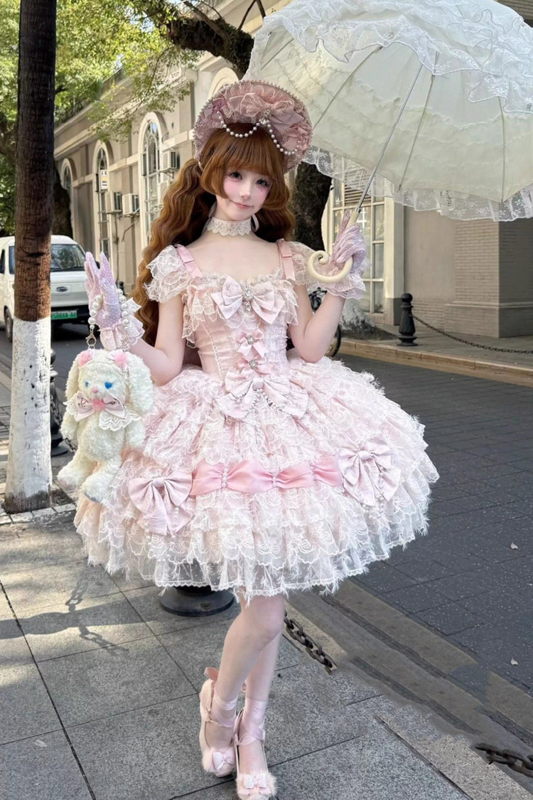 Cloudborne Snowfeather Sleeveless Multi-Layer Hanayome Bow Pearl Gothic Lolita JSK