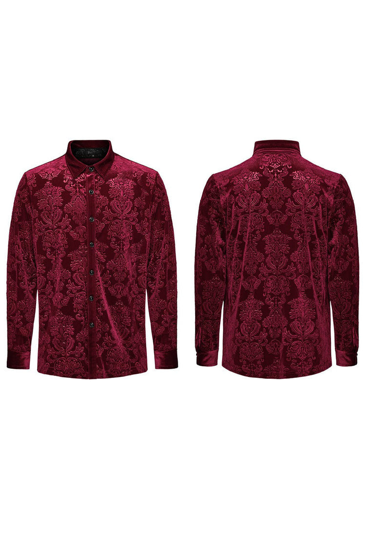 Gothic Men's Velvet Blouse with Embossed Print - Long Sleeve - Dual Colors