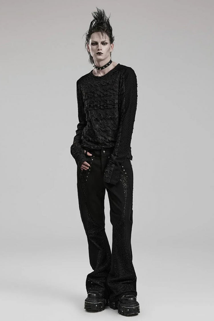 Gothic T-Shirt with Ripped Print and Stitching, Long-Sleeve Men's Tee