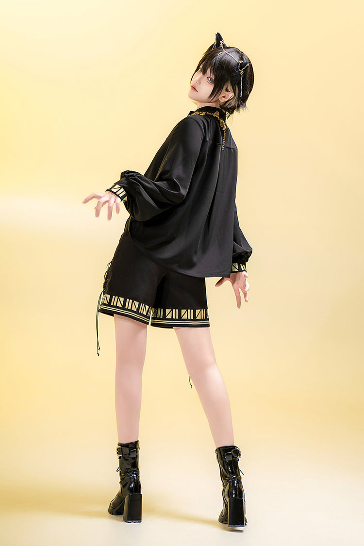 Long Sleeve Embroidered Ouji Gothic Blouse - Black Cat