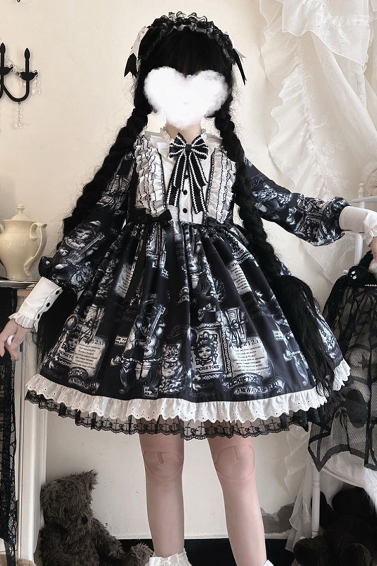 Print Long Sleeve Ruffle Bow Gothic Princess Dress - Antique Cat