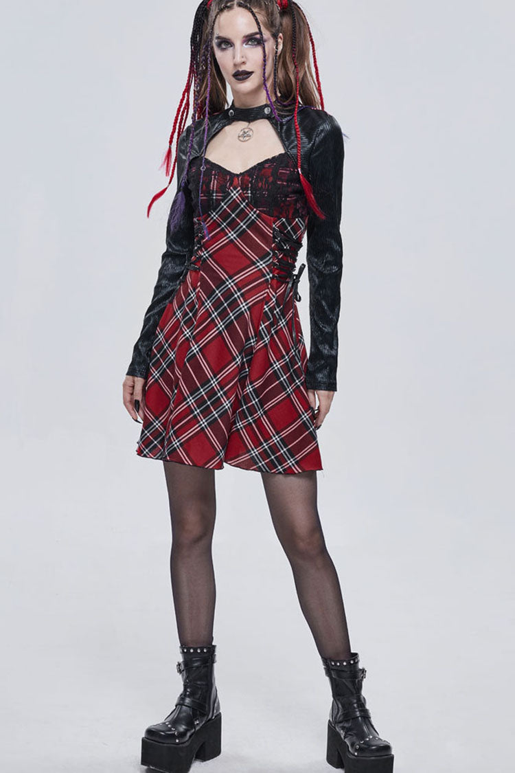 Scarlet Plaid Knit Dress with Side Straps and Pentagram Hardware