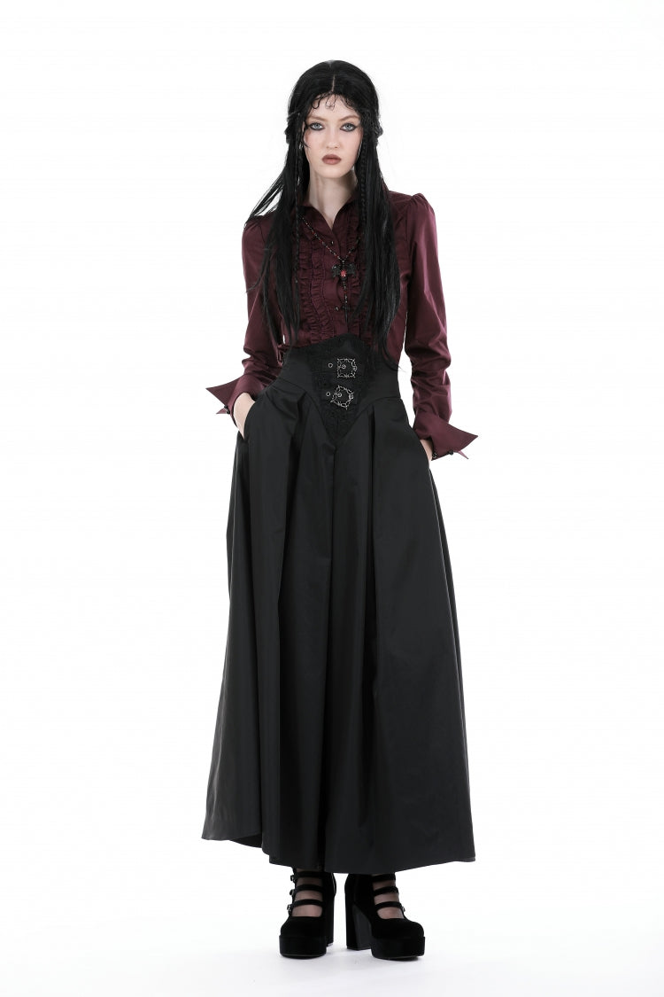Burgundy Turn-Down Collar Ruffled Long Sleeve Gothic Women's Blouse
