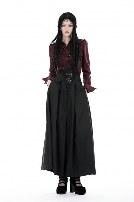 Burgundy Turn-Down Collar Ruffled Long Sleeve Gothic Women's Blouse