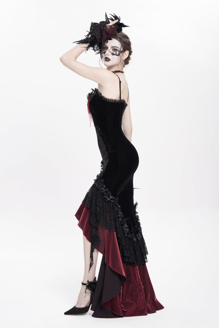Crimson Gothic JSK with Embroidered Lace and Sleeveless Bardot Neckline