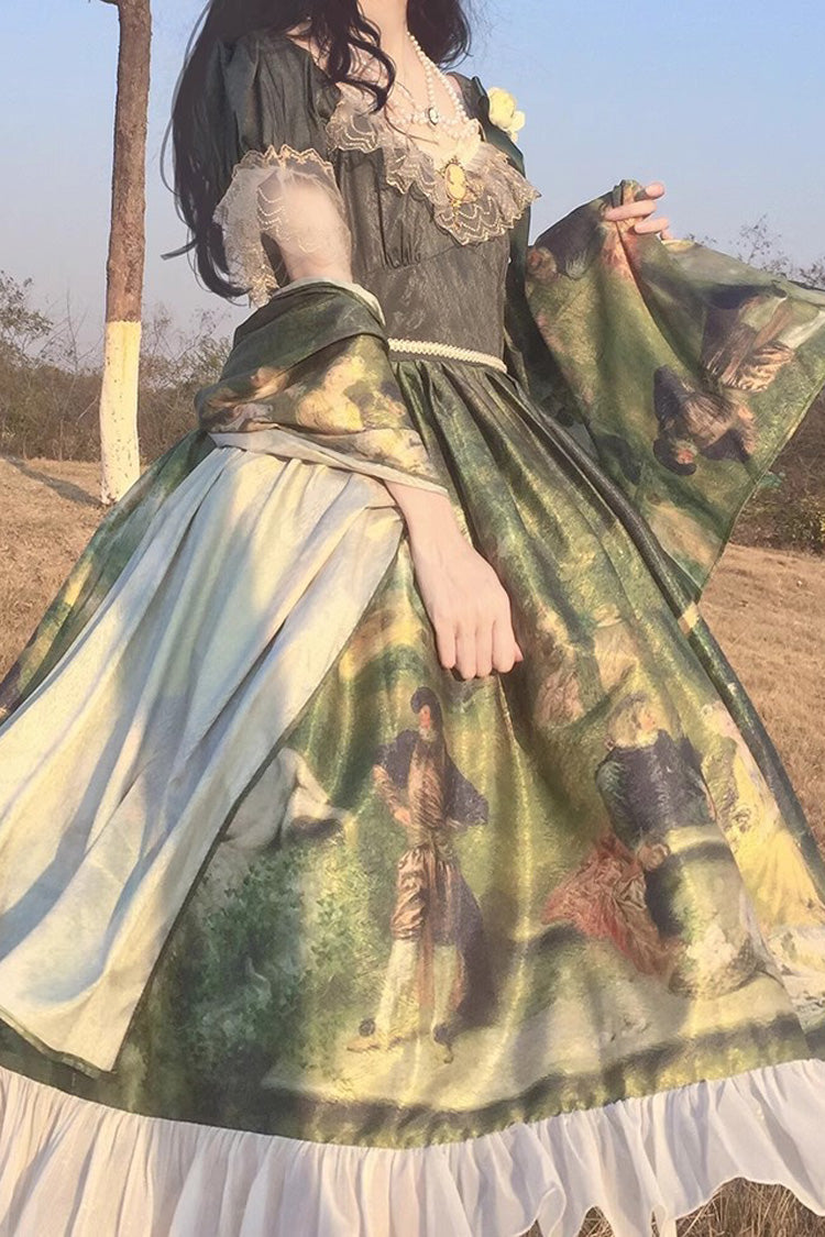 Emerald Short Sleeve Forest Dance Print Ruffle Elegant Sweet Lolita Dress
