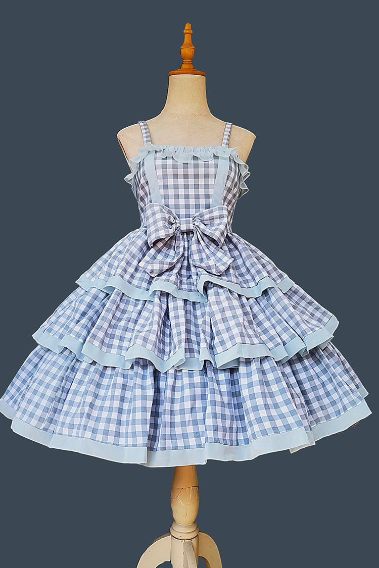 Triple-Layered Tartan Bow-Adorned Sweet Princess Gown with Ruffles - Cloth Cat