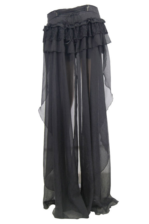 Gothic Short Women's Pants with Back Front Buckle Waist, Lace Up, Chiffon Lace Hem