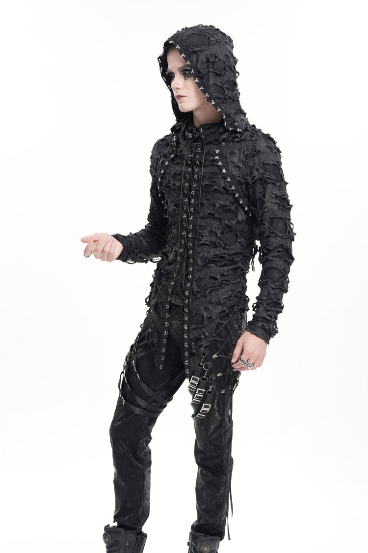 Gothic Hooded Coat with Studs and Lace-Up Front