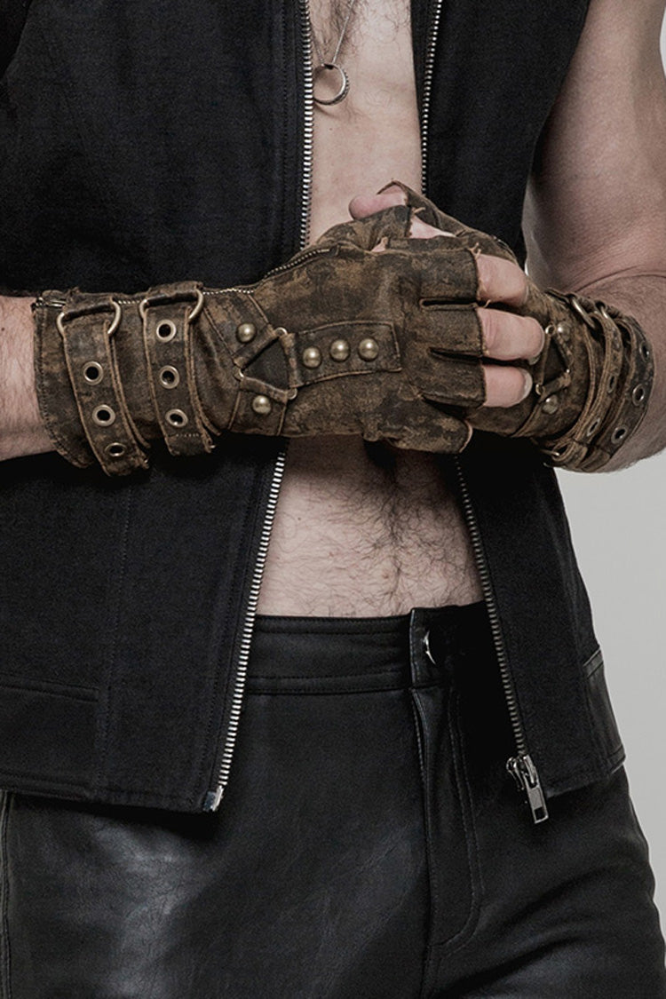 Steampunk Men's PU Leather Gloves with Metal Buckle Accents - Two Shades