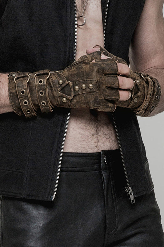 Steampunk Men's PU Leather Gloves with Metal Buckle Accents - Two Shades