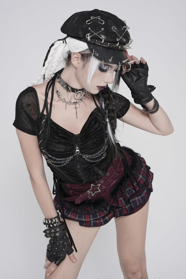 Punk Blouse with Studded Pleats and Chain Accents