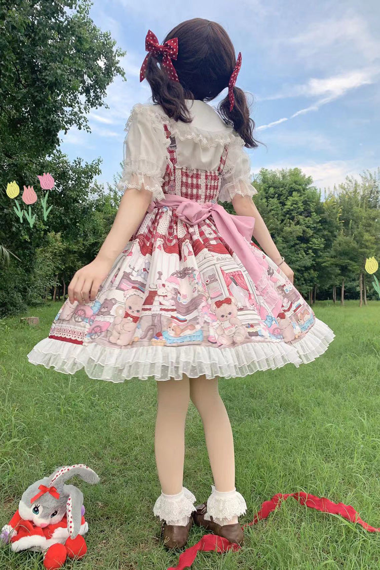 Burgundy Plush Bear and Doll Print JSK with Lace Accents