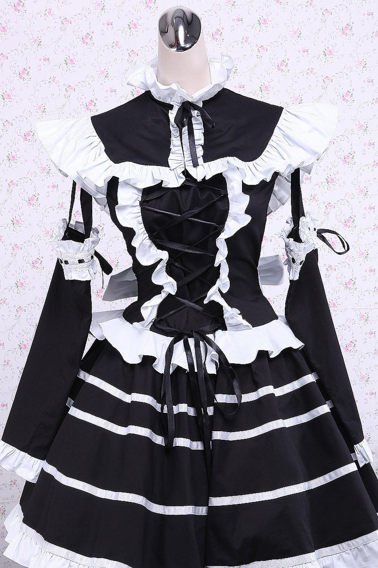Gothic Lolita Dress in Cotton with Stand Collar, Ruffles and Bowknot