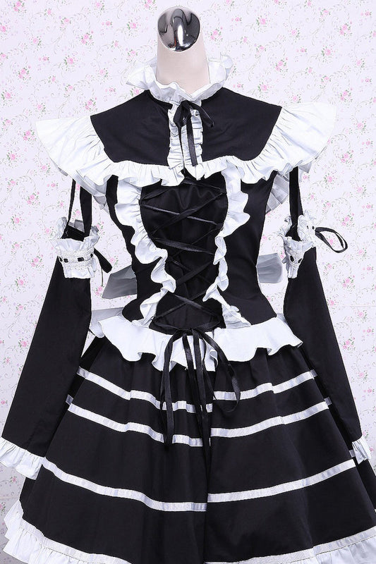Gothic Lolita Dress in Cotton with Stand Collar, Ruffles and Bowknot