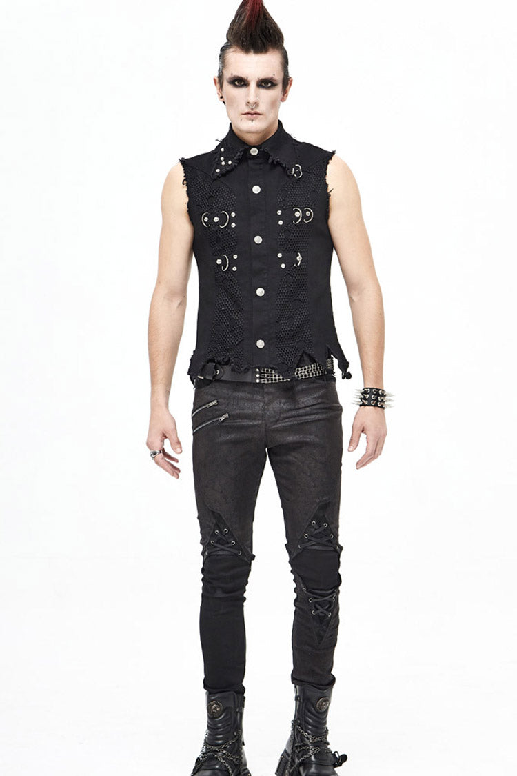 Distressed Mesh-Trimmed Punk Waistcoat with Raw Hem - Noir