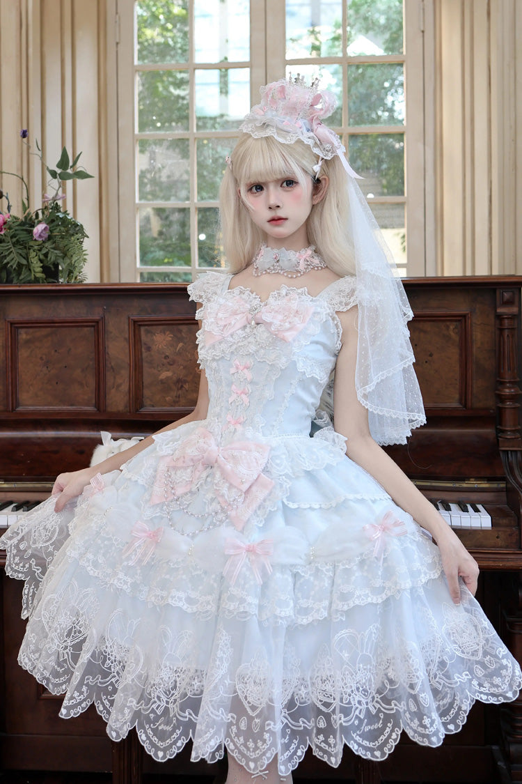Square Collar Flutter Sleeves Jacquard Ruffled Bow Princess JSK - Bunny Dream Letter